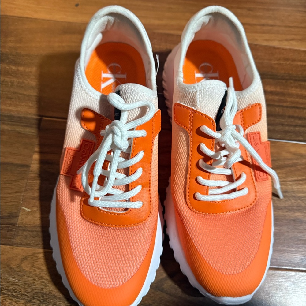 Calvin Klein Orange and White Women's Lace-Up Sneakers